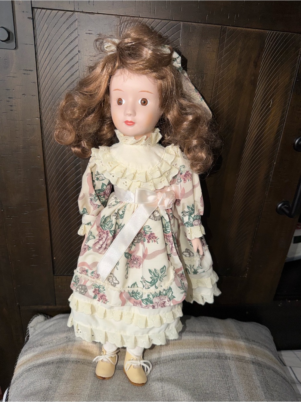 Classic Floral-Ruffle Porcelain Doll in Cream and Pink